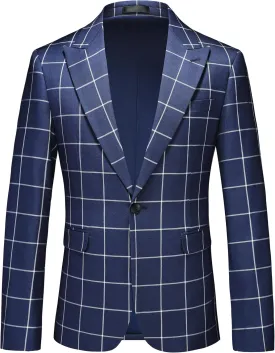 Mens Blazer Plaid Sport Coats One Button Casual Slim Fit Checked Jacket