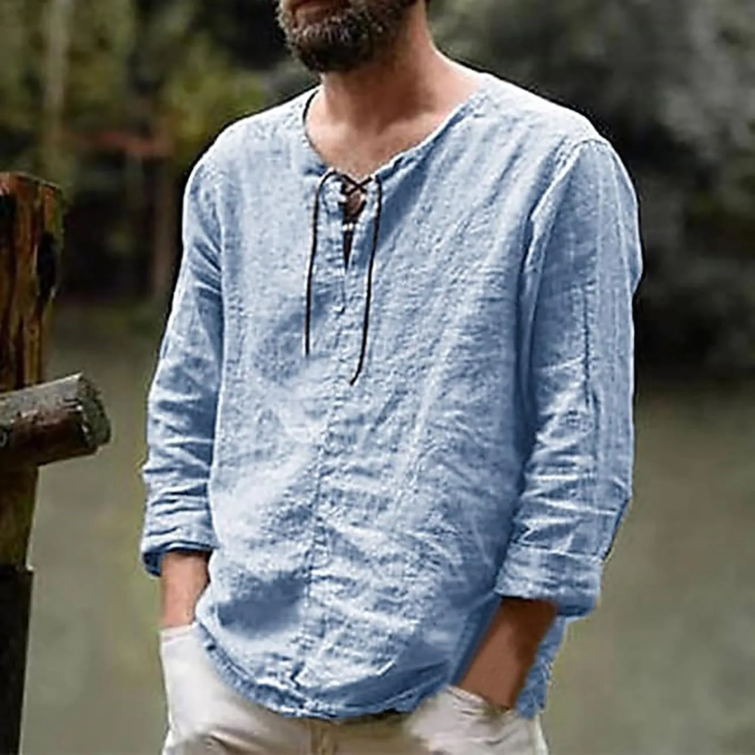 Men's Casual Solid Splice V Neck Blouse Drawstring Long Sleeve Tops T Shirt T Shirts for Men
