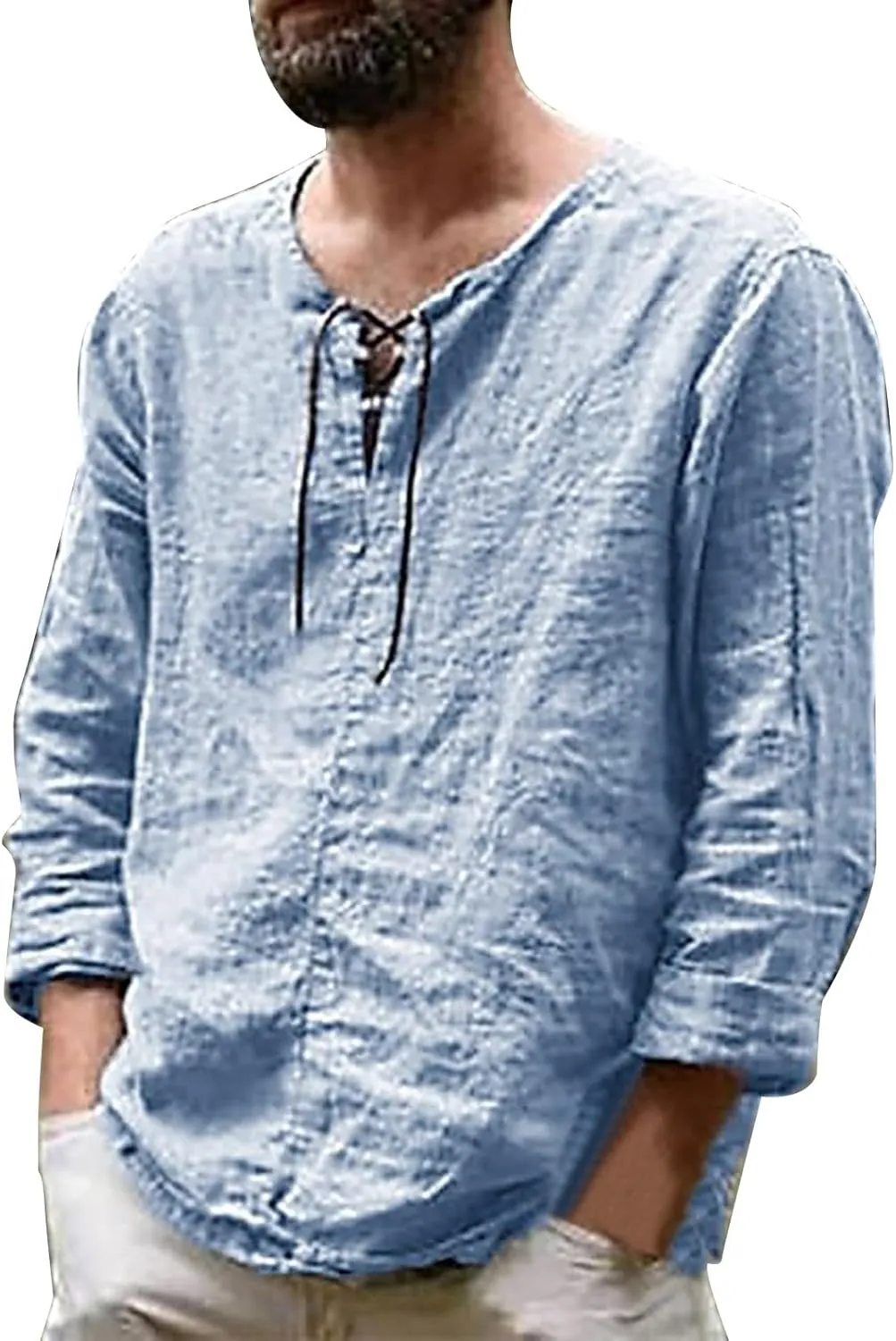 Men's Casual Solid Splice V Neck Blouse Drawstring Long Sleeve Tops T Shirt T Shirts for Men