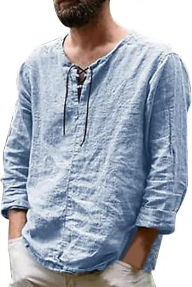 Men's Casual Solid Splice V Neck Blouse Drawstring Long Sleeve Tops T Shirt T Shirts for Men