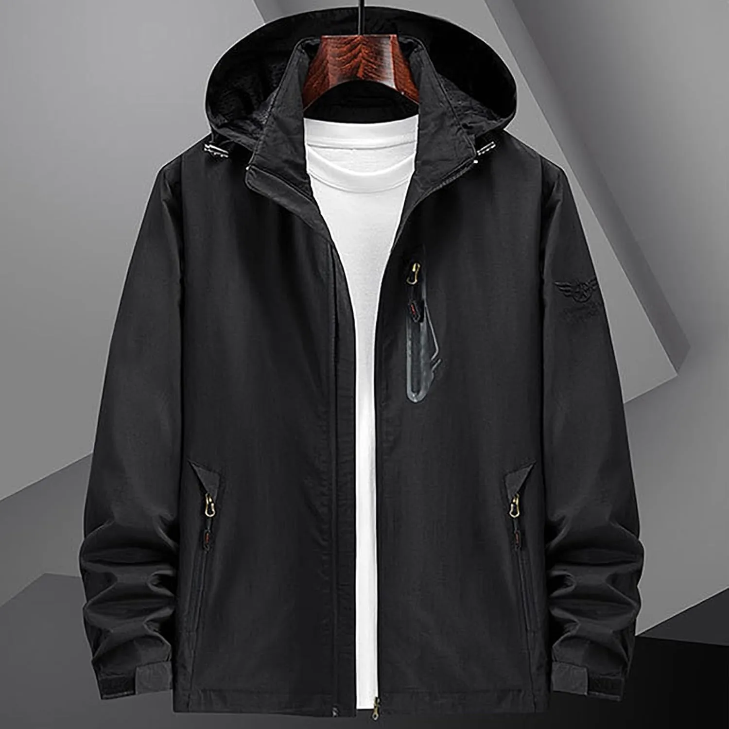 Mens Hooded Trench Coat 2024 Winter Outdoor Winbreaker Jacket with Detachable Hood Plus Size Zipper Multi Pocket Overcoats