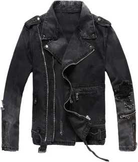 Men's Zippers Black Denim Jean Biker Jacket for Motorcycle Vintage Epaulet Holes Ripped Distressed Coat