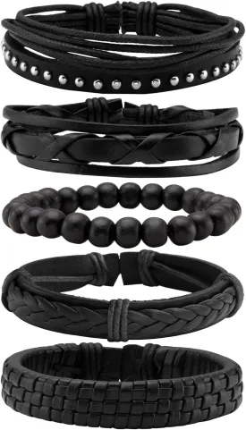 MILAKOO Braided Black Leather Bracelet for Men and Women Wooden Beads Bracelet Adjustable