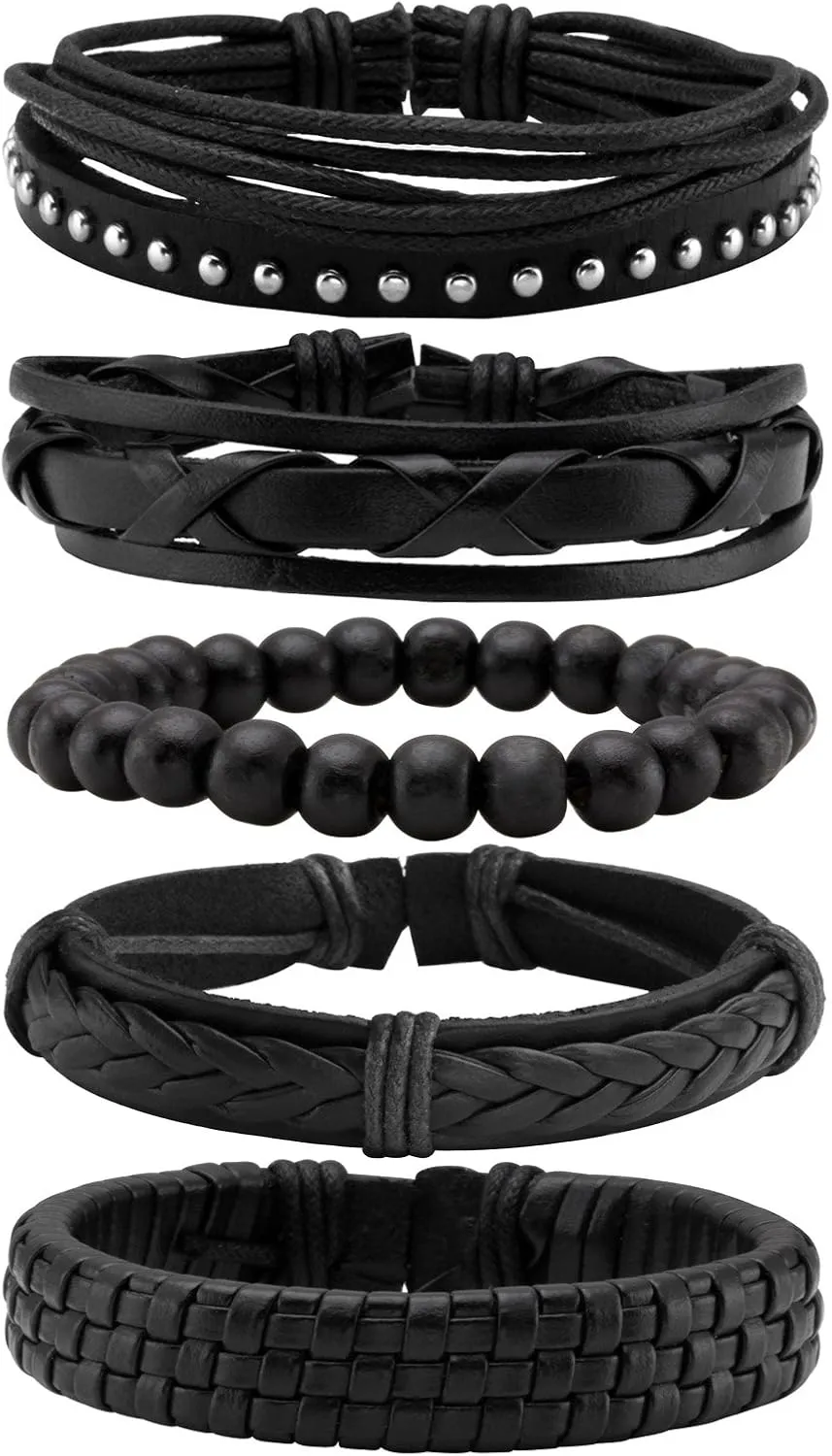 MILAKOO Braided Black Leather Bracelet for Men and Women Wooden Beads Bracelet Adjustable