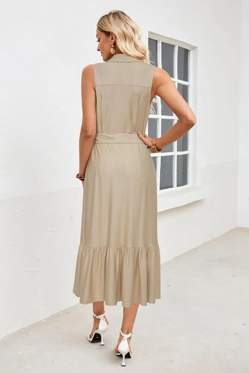 OUGES Womens 2025 Spring Maternity Dress Polo V Neck Sleeveless Ruffle Button Pregnancy Casual Work Dress with Pockets