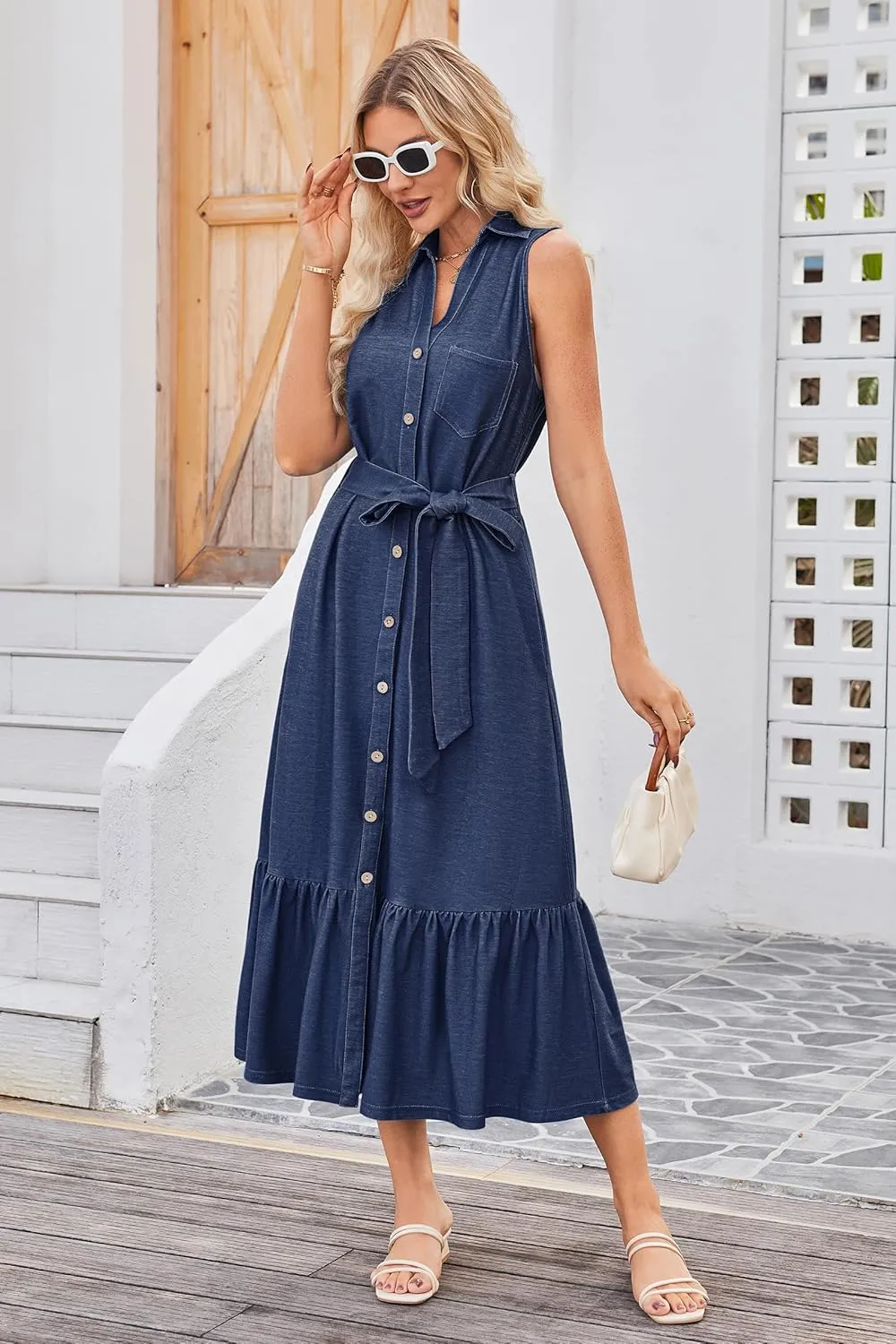 OUGES Womens 2025 Spring Maternity Dress Polo V Neck Sleeveless Ruffle Button Pregnancy Casual Work Dress with Pockets