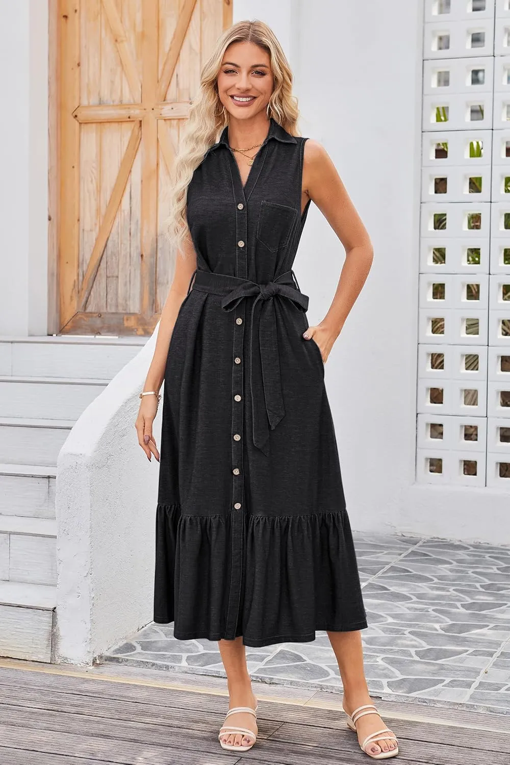 OUGES Womens 2025 Spring Maternity Dress Polo V Neck Sleeveless Ruffle Button Pregnancy Casual Work Dress with Pockets