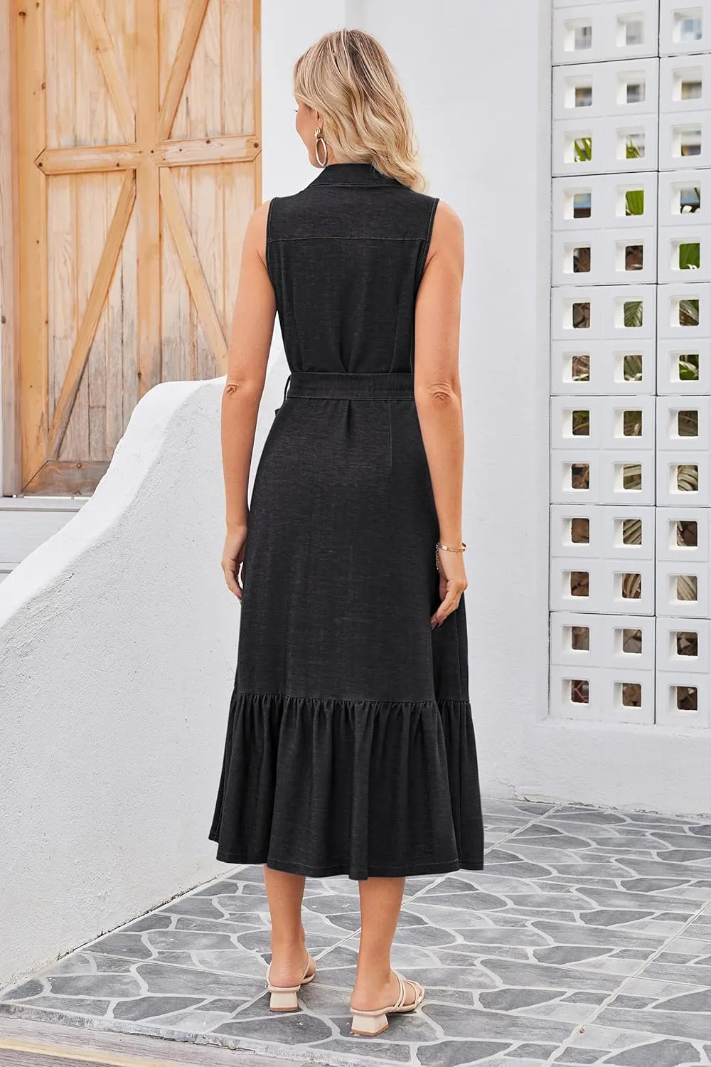 OUGES Womens 2025 Spring Maternity Dress Polo V Neck Sleeveless Ruffle Button Pregnancy Casual Work Dress with Pockets