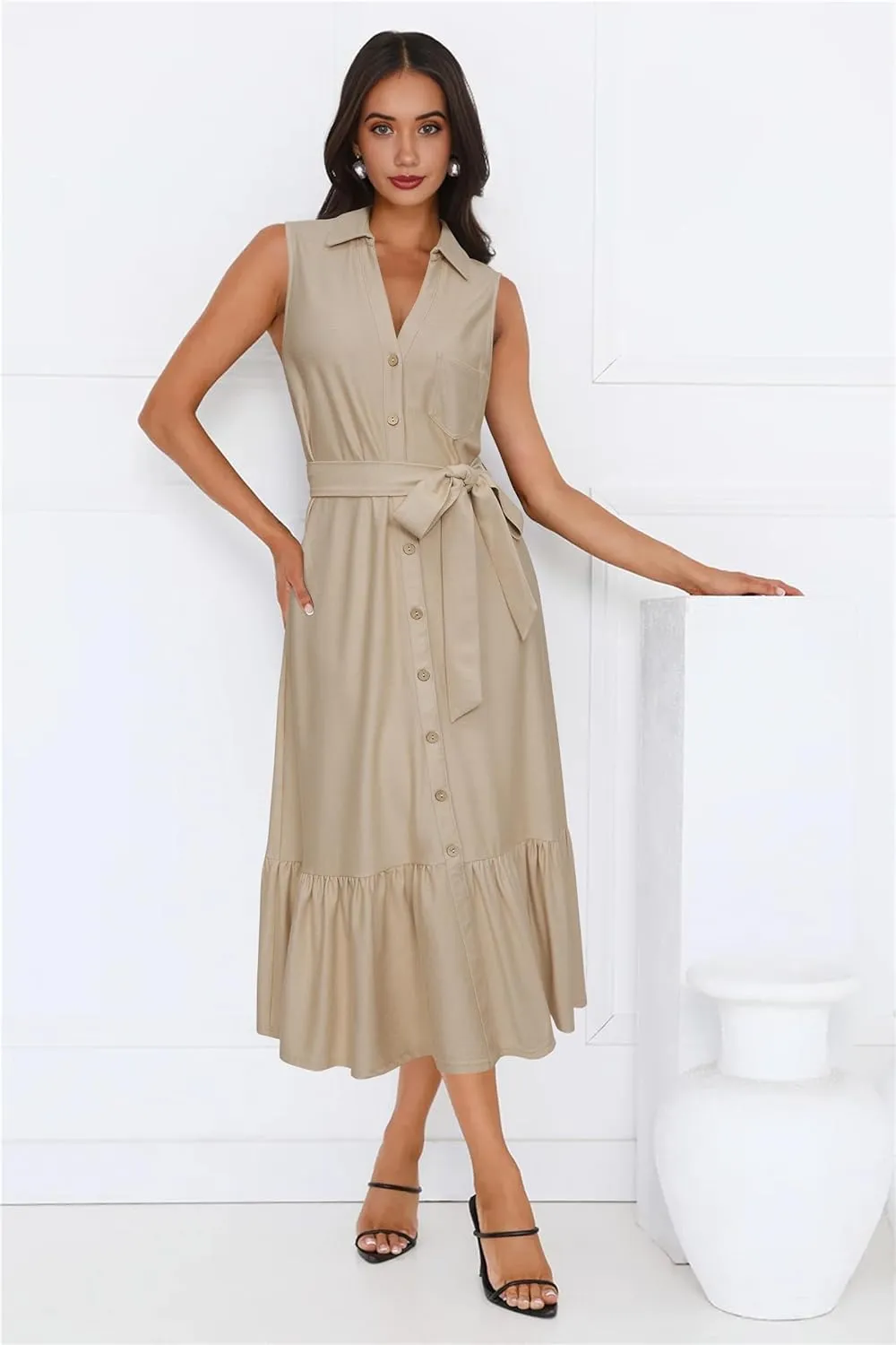 OUGES Womens 2025 Spring Maternity Dress Polo V Neck Sleeveless Ruffle Button Pregnancy Casual Work Dress with Pockets