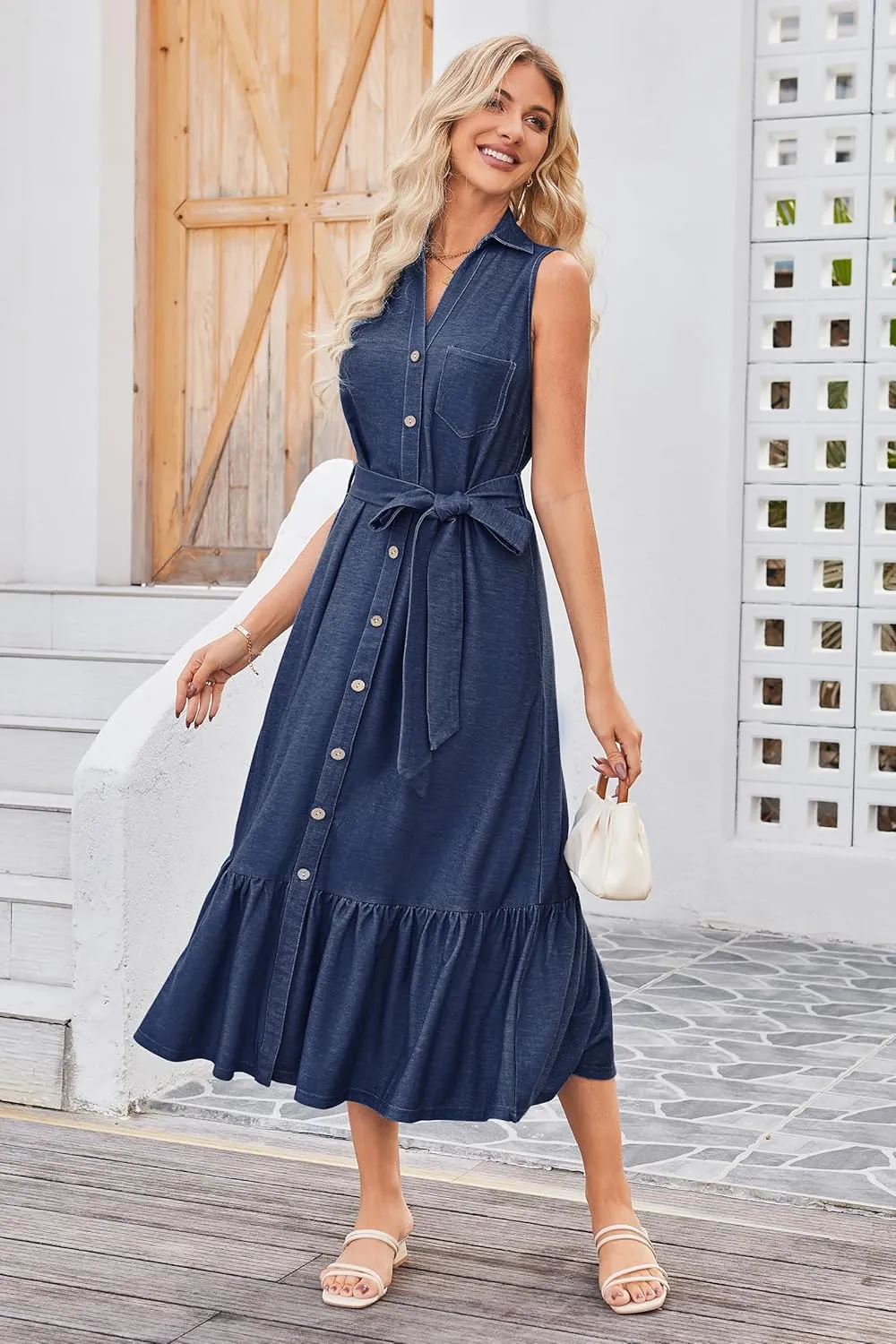 OUGES Womens 2025 Spring Maternity Dress Polo V Neck Sleeveless Ruffle Button Pregnancy Casual Work Dress with Pockets