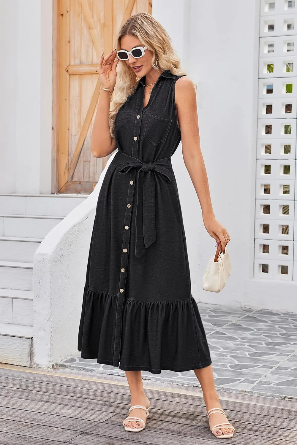 OUGES Womens 2025 Spring Maternity Dress Polo V Neck Sleeveless Ruffle Button Pregnancy Casual Work Dress with Pockets