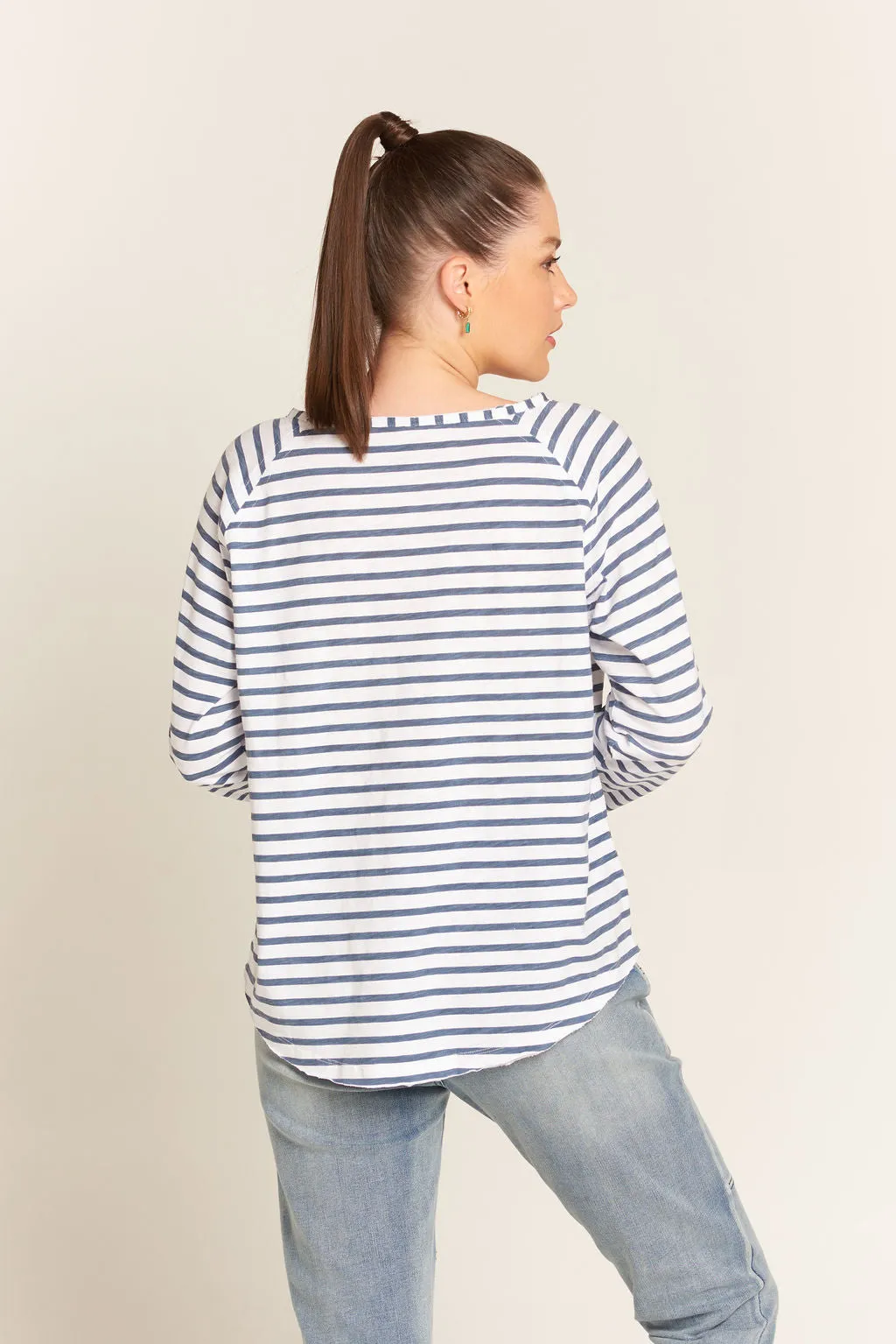 Raglan Cotton Stripe Tee White/Denim