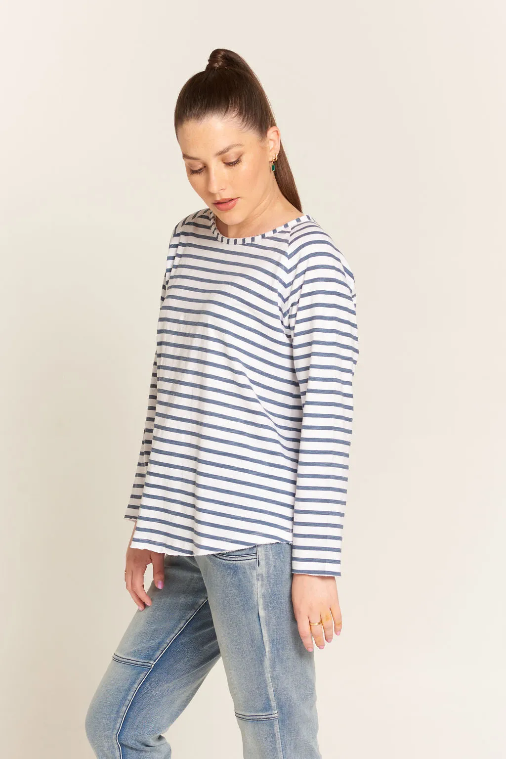 Raglan Cotton Stripe Tee White/Denim