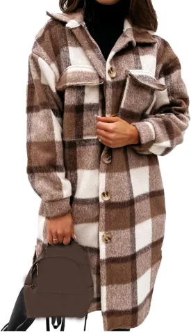SeekMe Women's Oversized Flannel Plaid Shacket Jacket Flap Pocket Lapel Button Down Long Shirt Jackets