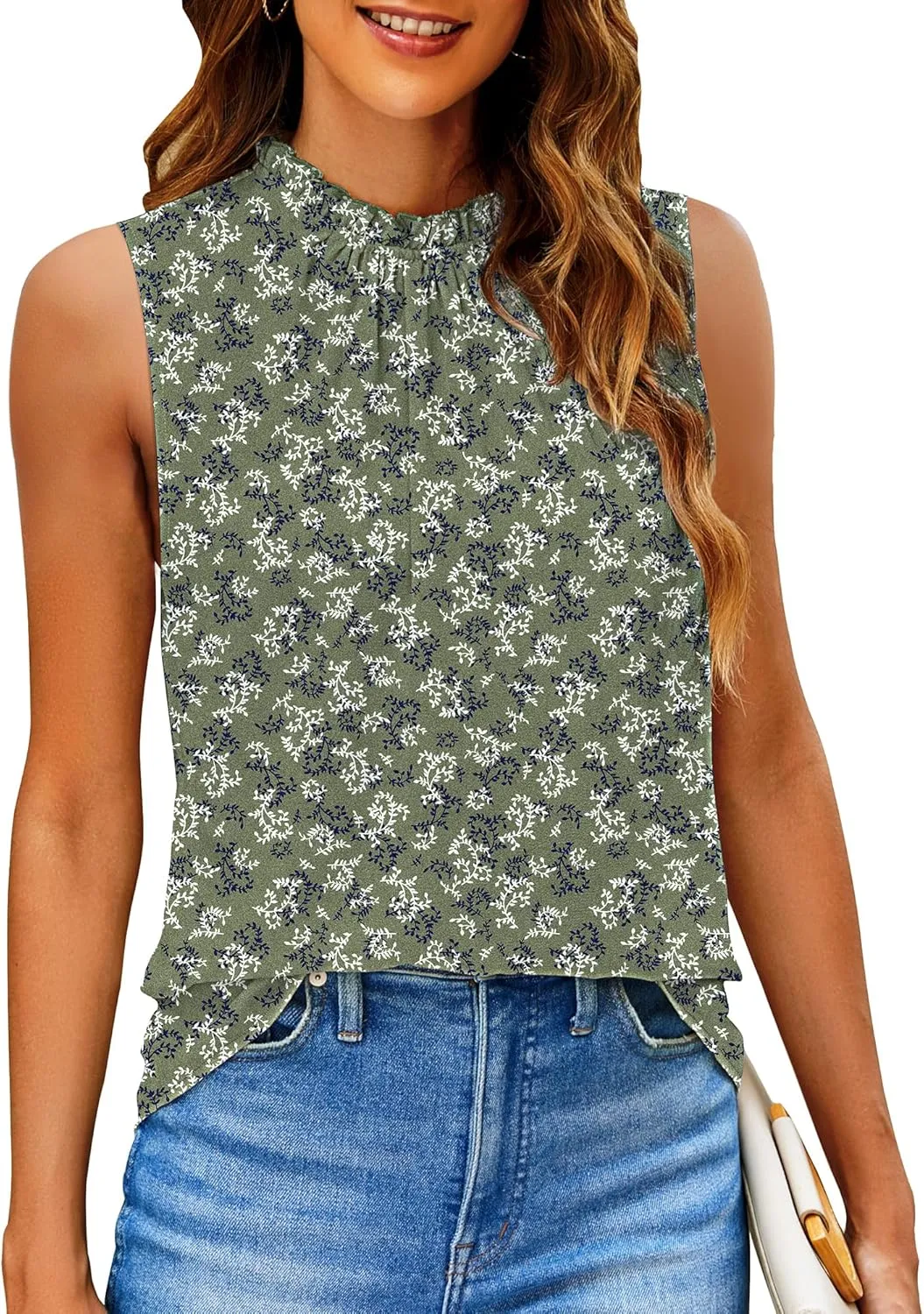 SimpleFun Womens Tank Tops Ruffle High Neck Pleated Summer Blouses Floral Sleeveless Shirt