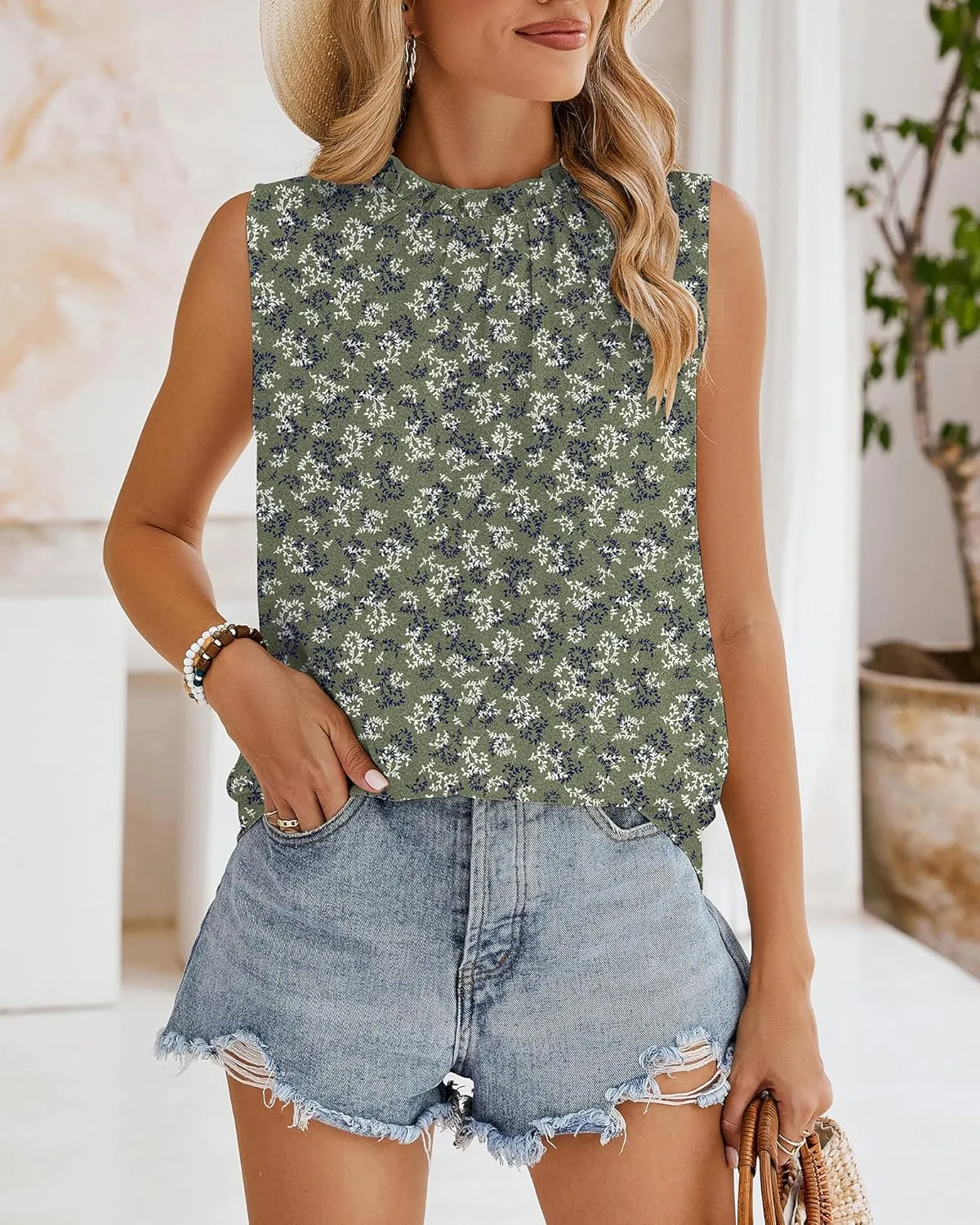 SimpleFun Womens Tank Tops Ruffle High Neck Pleated Summer Blouses Floral Sleeveless Shirt