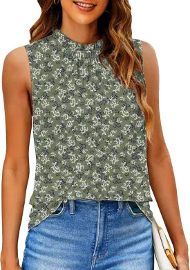 SimpleFun Womens Tank Tops Ruffle High Neck Pleated Summer Blouses Floral Sleeveless Shirt