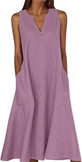 Summer Linen Dresses for Women 2025 Button V Neck Sleeveless Casual Sundress Beach Vacation Tank Dress with Pockets