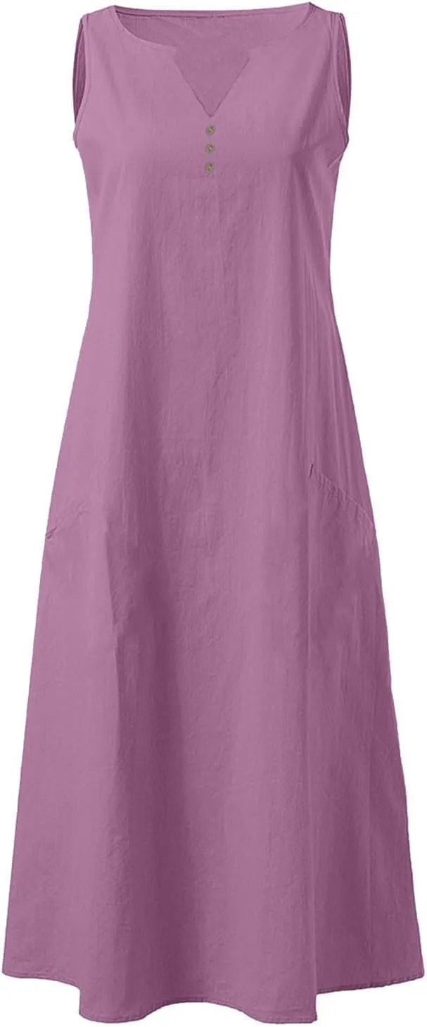 Summer Linen Dresses for Women 2025 Button V Neck Sleeveless Casual Sundress Beach Vacation Tank Dress with Pockets