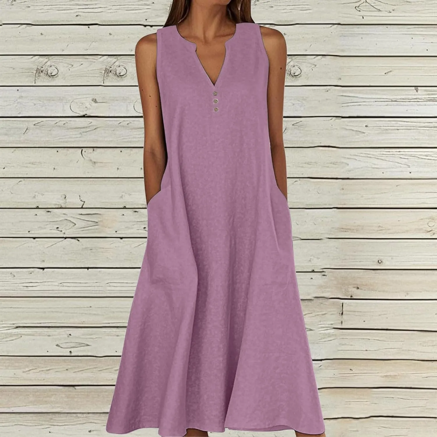 Summer Linen Dresses for Women 2025 Button V Neck Sleeveless Casual Sundress Beach Vacation Tank Dress with Pockets