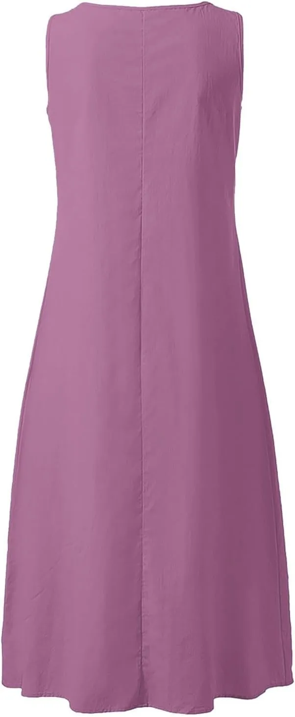 Summer Linen Dresses for Women 2025 Button V Neck Sleeveless Casual Sundress Beach Vacation Tank Dress with Pockets