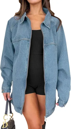 Tankaneo Womens Oversized Denim Jackets Casual Zip up Spring Long Sleeve Jean Jacket with Pocket