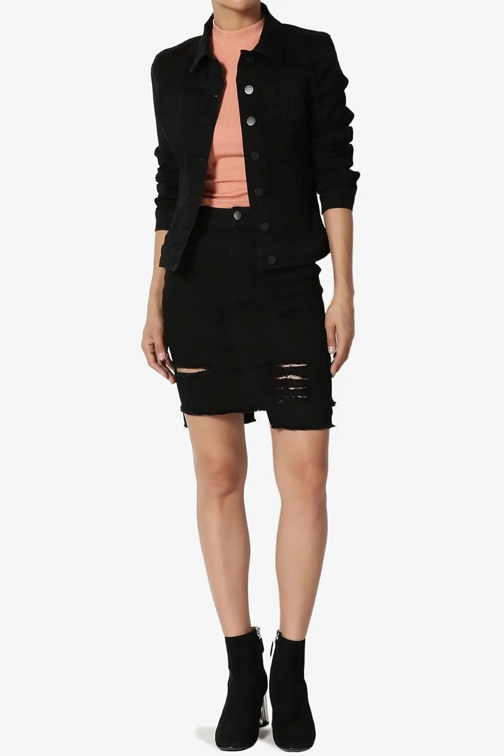 TheMogan Vintage Washed Jean Slim Straight Cut Mini Stretch Soft Denim Skirt