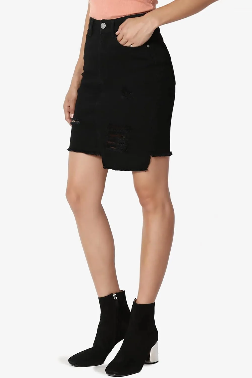 TheMogan Vintage Washed Jean Slim Straight Cut Mini Stretch Soft Denim Skirt