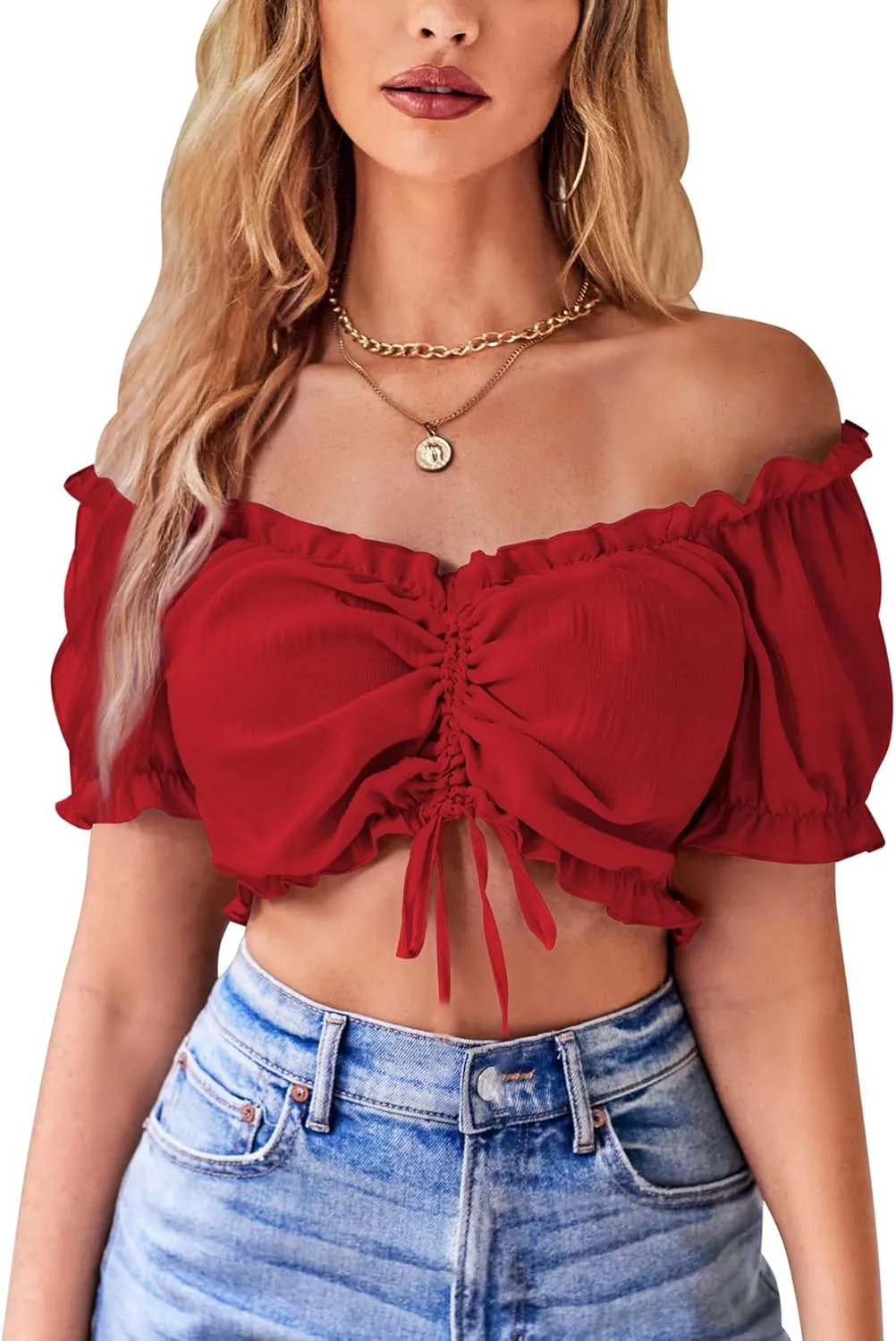 VIDUSSA Women's Ruffle Short Sleeve Crop Top V Neck Off Shoulder Ruched Shirt Blouse