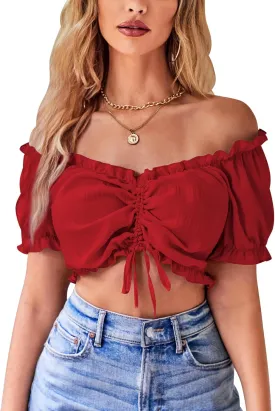 VIDUSSA Women's Ruffle Short Sleeve Crop Top V Neck Off Shoulder Ruched Shirt Blouse