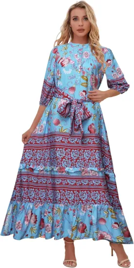 Women 3/4 Sleeves Front Buttons Floral Print Casual Bohemian Maxi Dresses