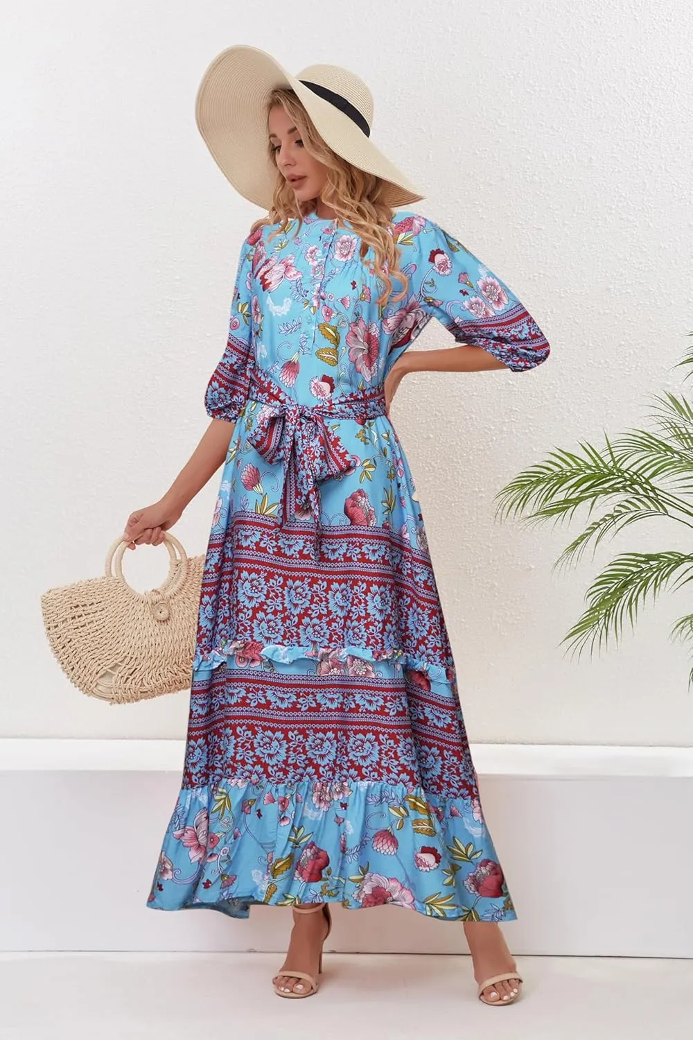 Women 3/4 Sleeves Front Buttons Floral Print Casual Bohemian Maxi Dresses