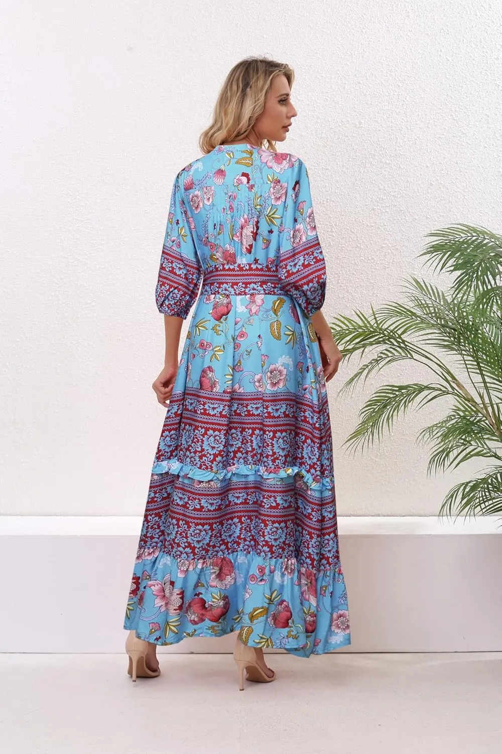 Women 3/4 Sleeves Front Buttons Floral Print Casual Bohemian Maxi Dresses