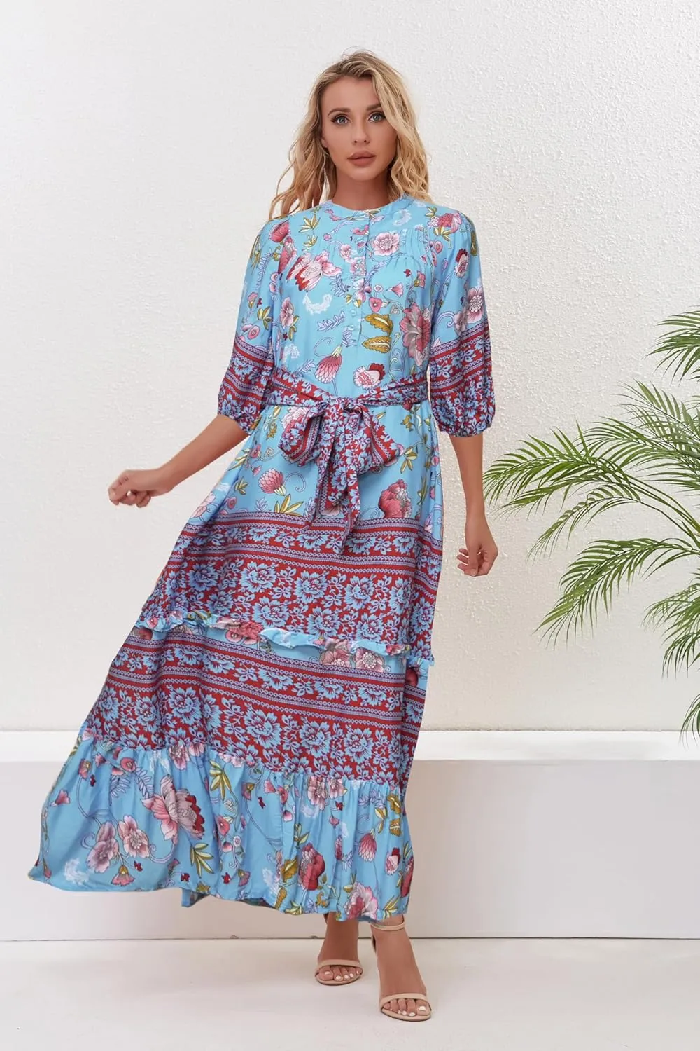 Women 3/4 Sleeves Front Buttons Floral Print Casual Bohemian Maxi Dresses