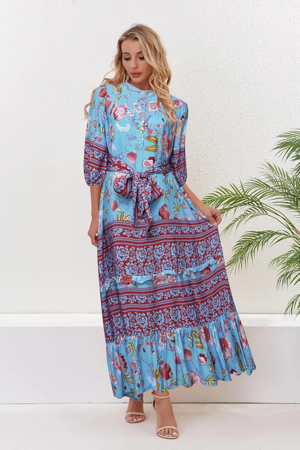 Women 3/4 Sleeves Front Buttons Floral Print Casual Bohemian Maxi Dresses