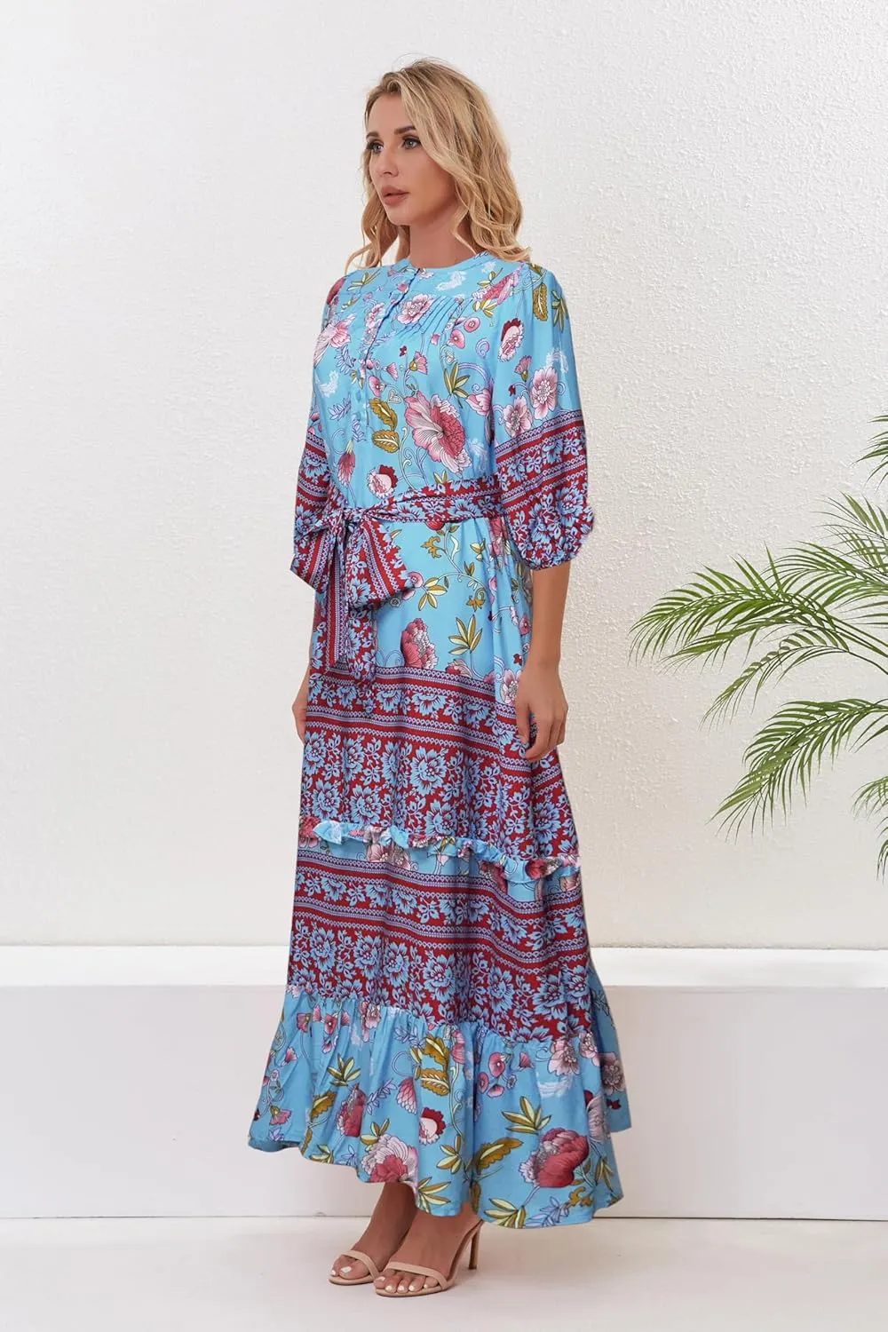 Women 3/4 Sleeves Front Buttons Floral Print Casual Bohemian Maxi Dresses