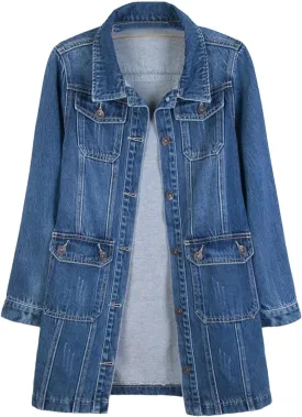 Women Denim Jackets Spring Long Sleeve Classic Coat With Pockets Fashion Mid Length Jean Coat