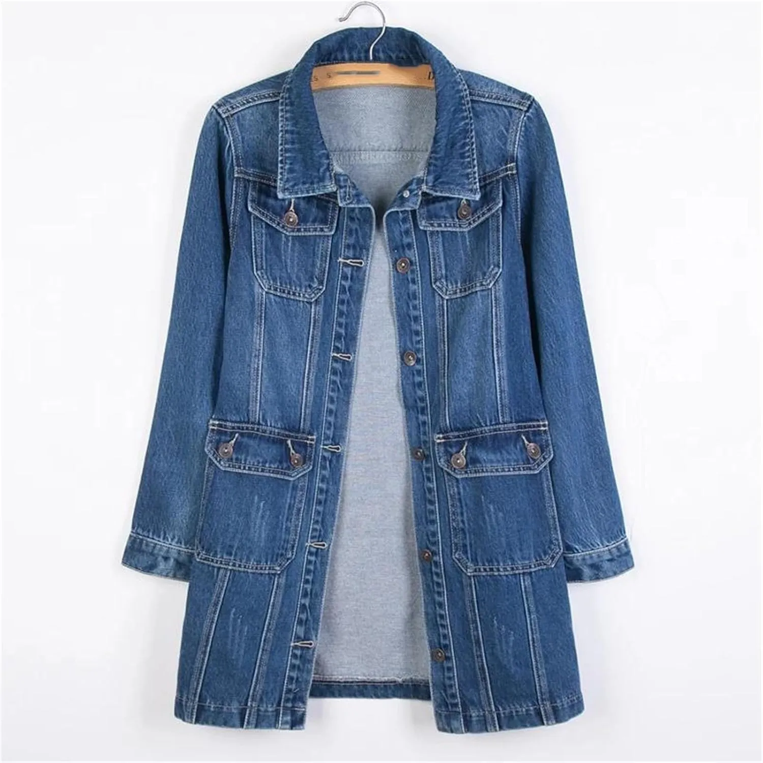 Women Denim Jackets Spring Long Sleeve Classic Coat With Pockets Fashion Mid Length Jean Coat