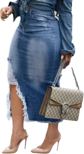 Womens Casual Slit Denim Midi Jean Skirt Stretch High Waist Frayed Button Up with Pockets