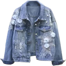 Women's Denim Jackets Embroidery Flower Hole Spring Autumn Short Casual Jean Coats