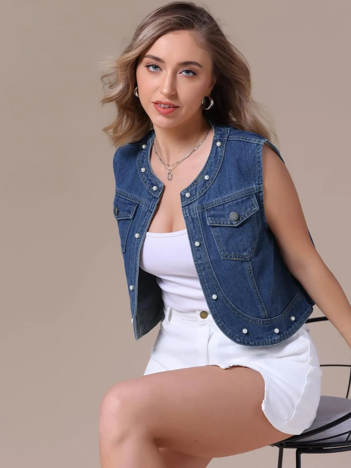Women's Plus Size Denim Vest Collarless Cardigan Chest Pockets Decor Pearl Sleeveless Jean Jackets