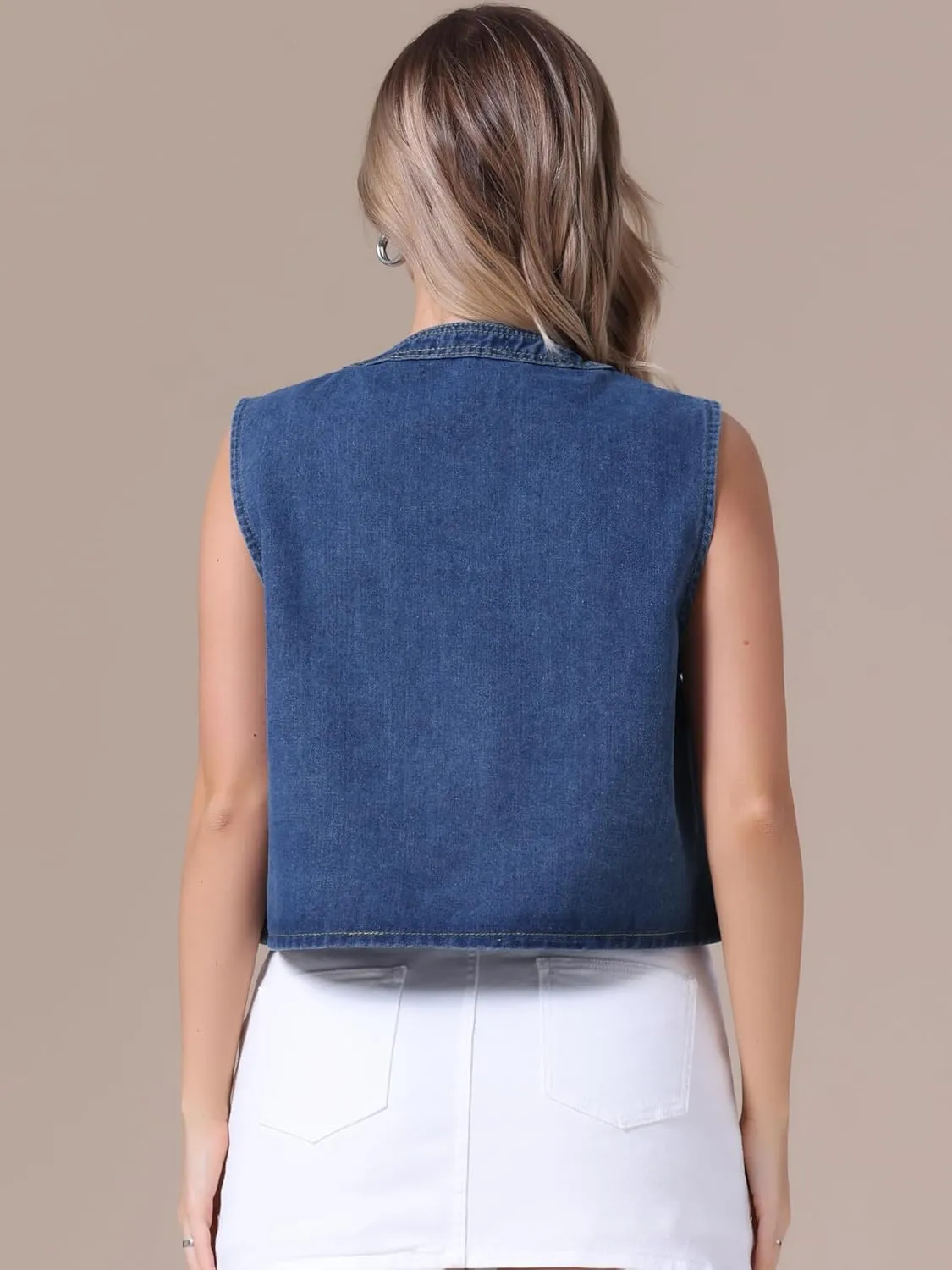 Women's Plus Size Denim Vest Collarless Cardigan Chest Pockets Decor Pearl Sleeveless Jean Jackets