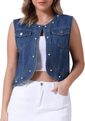 Women's Plus Size Denim Vest Collarless Cardigan Chest Pockets Decor Pearl Sleeveless Jean Jackets