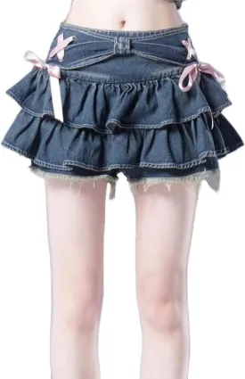 Y2K Women Ruffle Hem Blue Jean Pleated Mini Skirt - Denim Bustier Top Suit