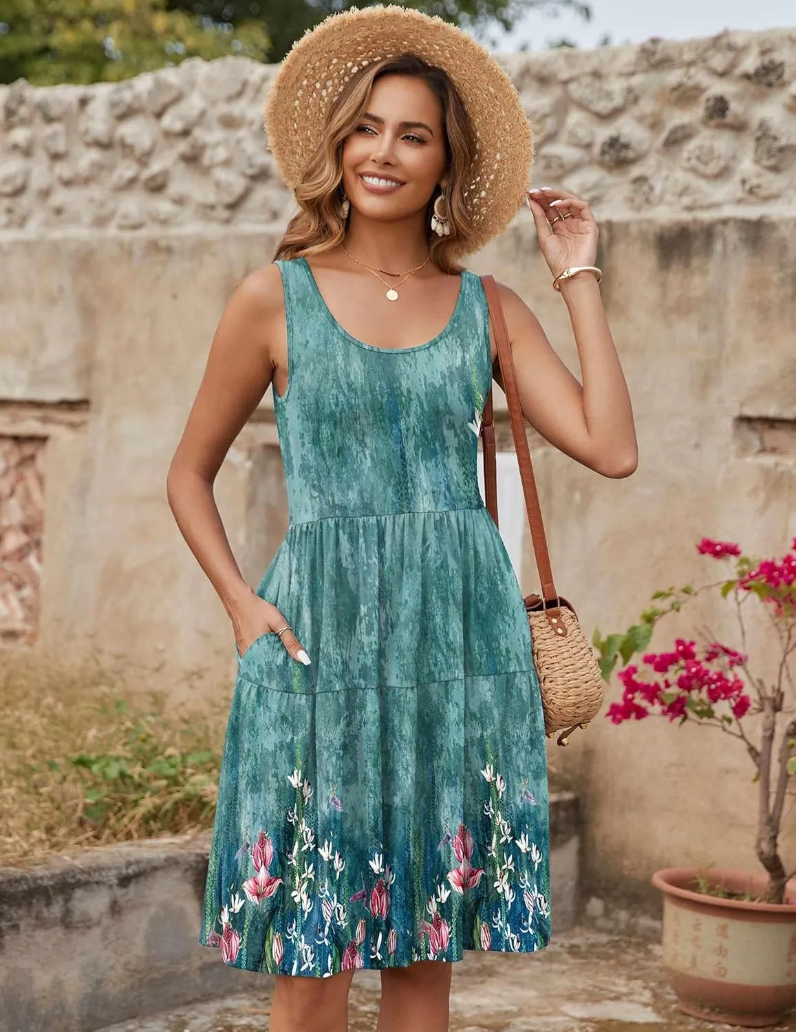 Zeagoo Womens Summer Sundress Boho Floral Casual Tank Dresses with Pockets Sleeveless Tiered Swing A Line Beach Dress