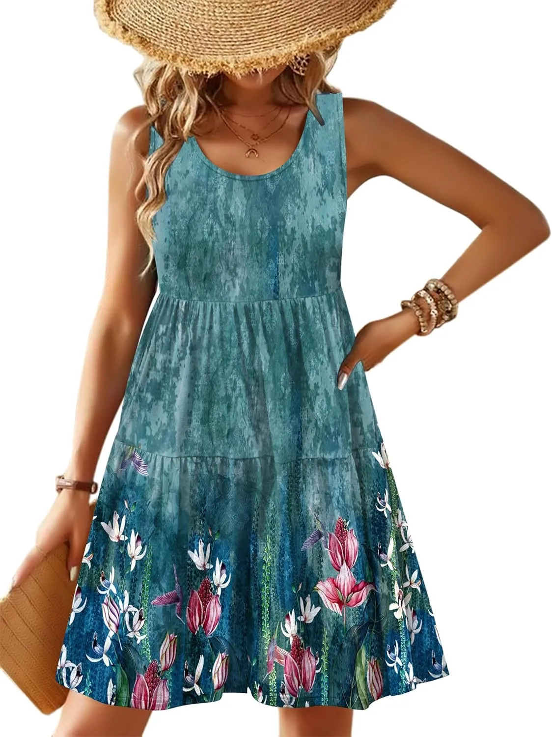 Zeagoo Womens Summer Sundress Boho Floral Casual Tank Dresses with Pockets Sleeveless Tiered Swing A Line Beach Dress