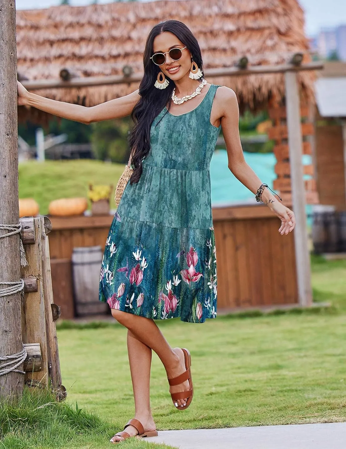 Zeagoo Womens Summer Sundress Boho Floral Casual Tank Dresses with Pockets Sleeveless Tiered Swing A Line Beach Dress